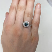 18K White Gold Double Diamond Halo Montana Sapphire Ring on Model