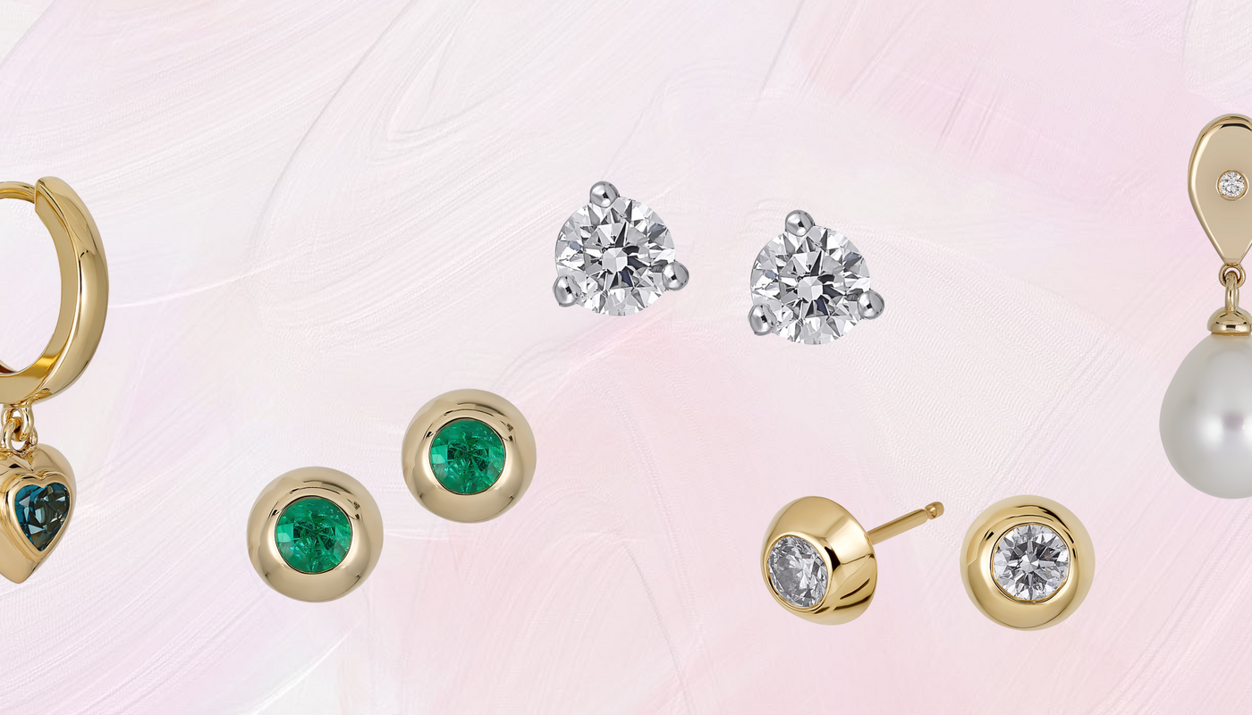 Tiny Treasures jewelry collection featuring Sea Green Tourmaline Hoop Earrings, classic diamond studs, and emerald necklaces.