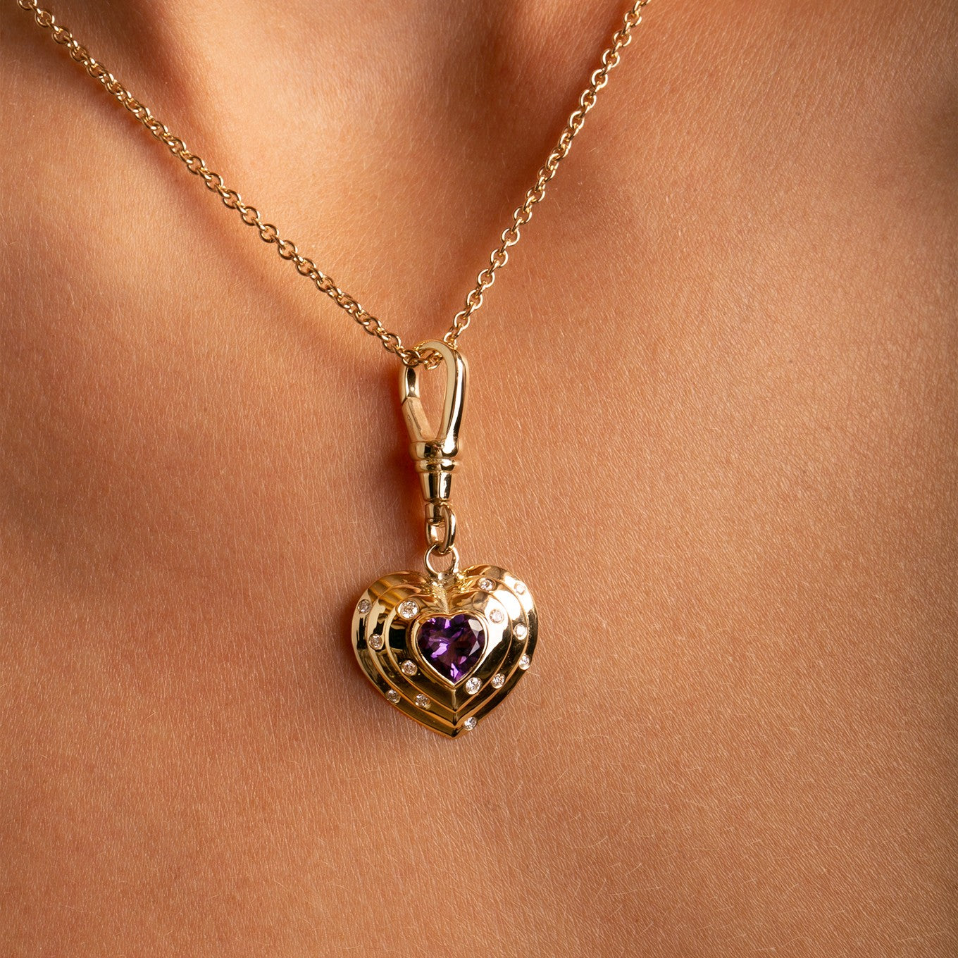 14k Yellow Gold, Natural Vibrant Amethyst and Diamond Heart Charm with Vintage-Inspired Dog Clip with chain