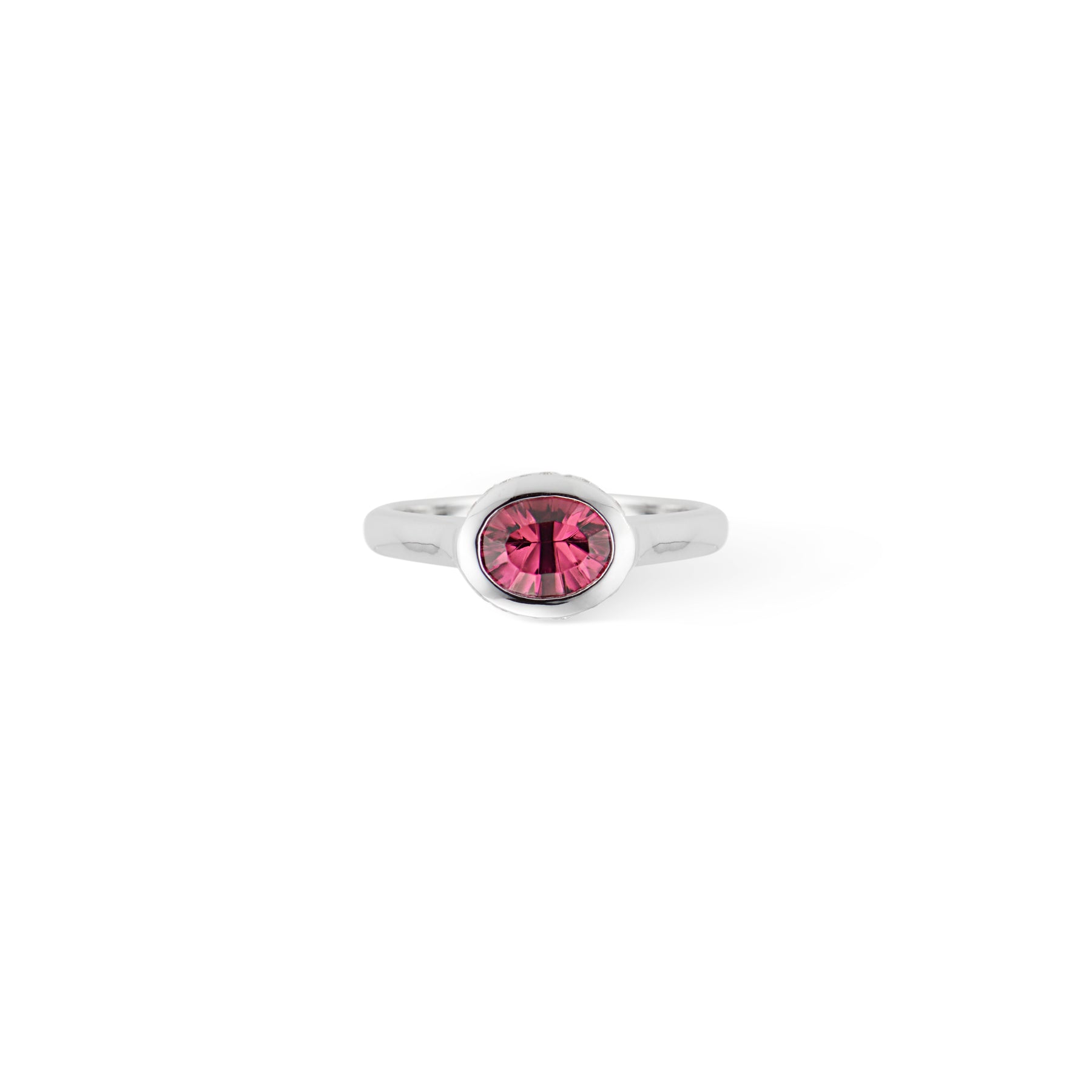 Pink Tourmaline Oval Horizontal Diamond Bezel Set Ring - Thomas Laine Jewelry