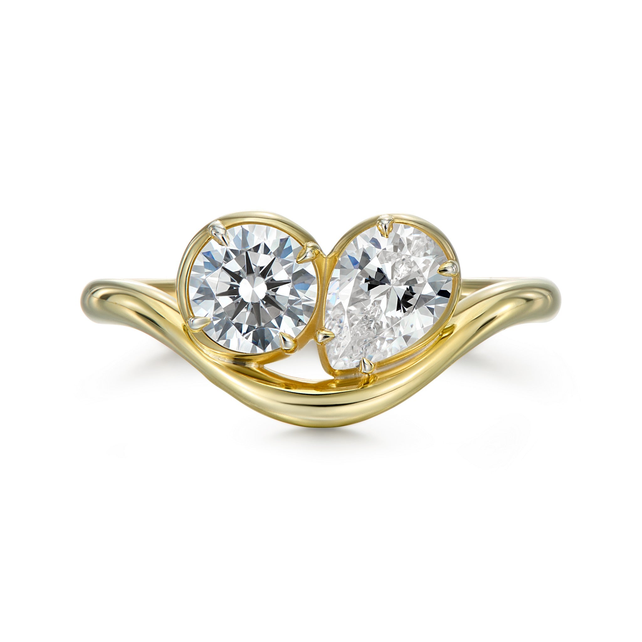 Wave toi et moi engagement ring with pear and round brilliant diamonds in signature hybrid claw bezel settings