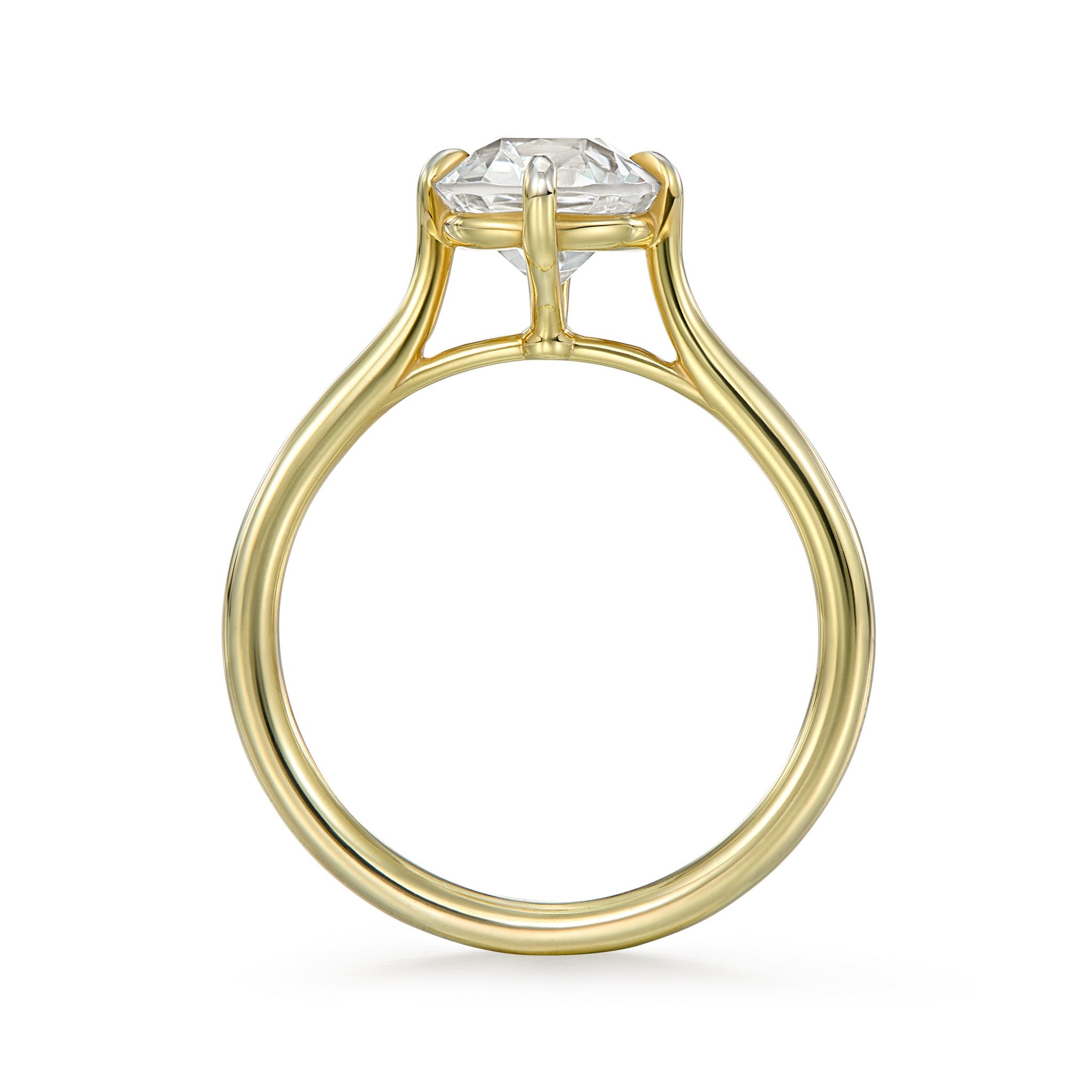 Side view of Compass Solitaire ring showing low-set basket and north–south claw detail