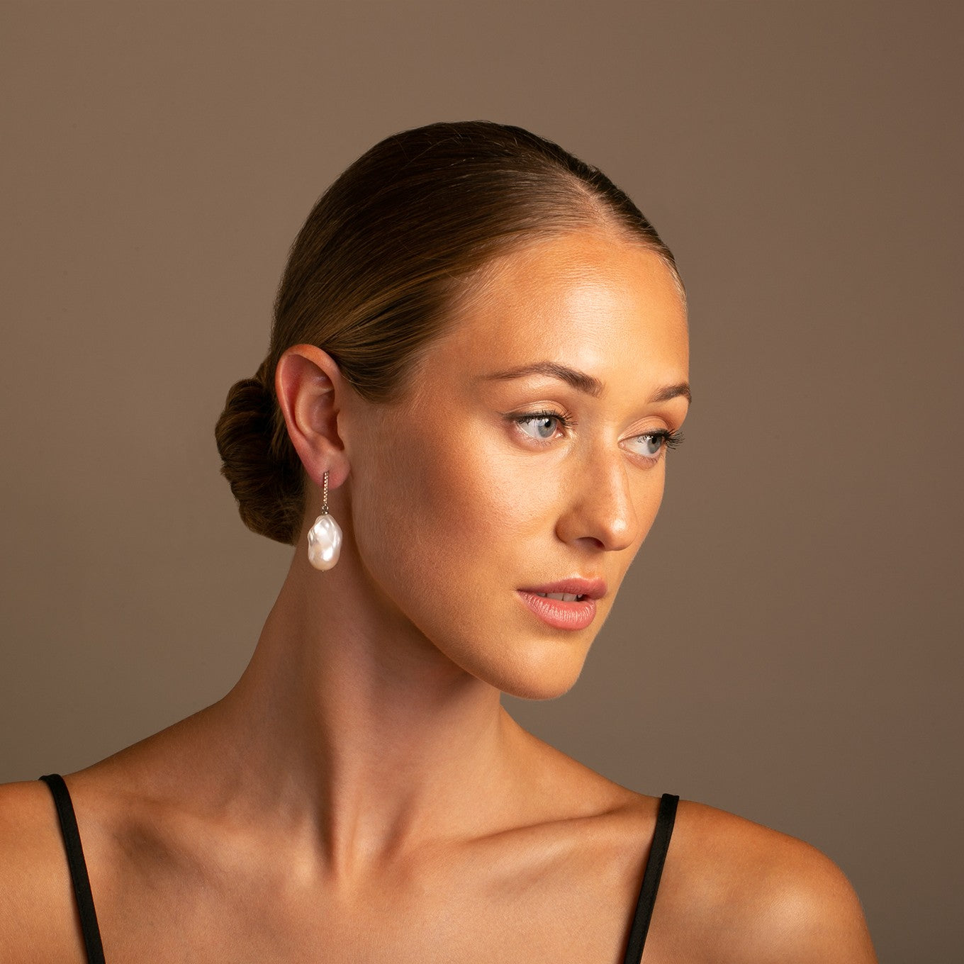 14K Gold Bar with Sapphires and Baroque Pearl Drop Earrings  on model- Thomas Laine Jewelry