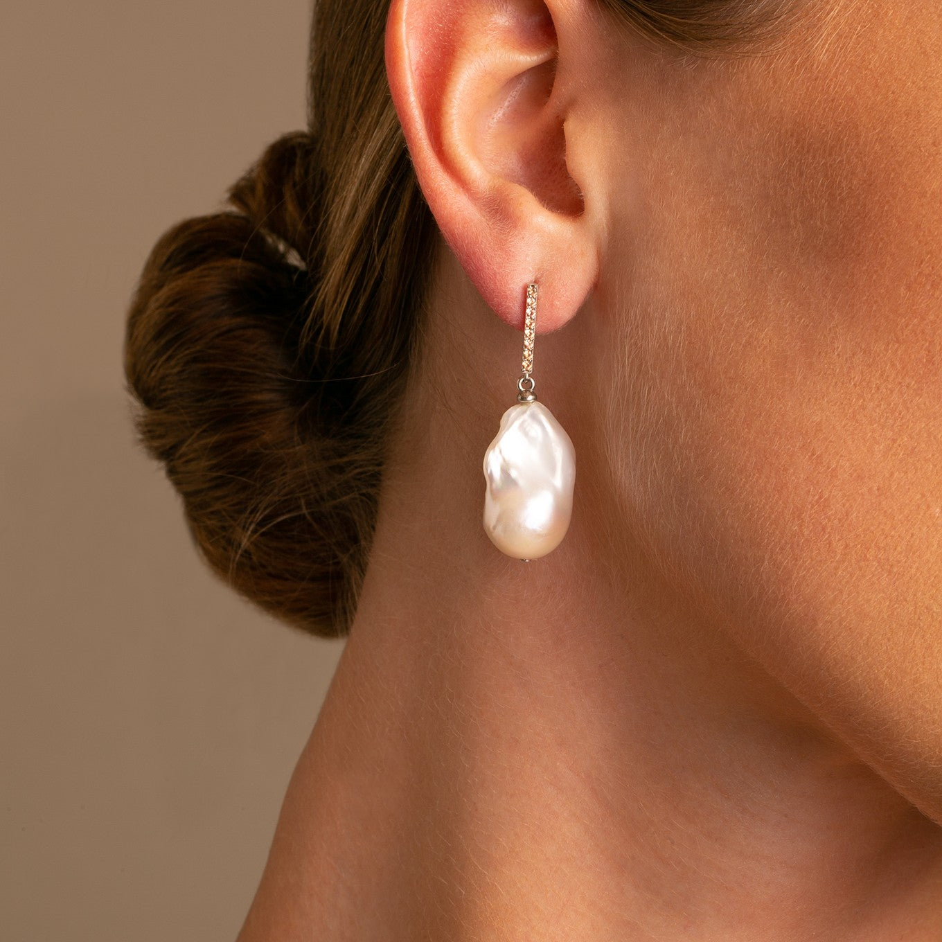 14K Yellow Gold Bar with Sapphires and Baroque Pearl Drop Earrings  on model- Thomas Laine Jewelry