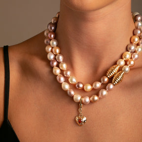 14k Yellow Gold Orange Spessartite Garnet Diamond Heart Charm with Vintage-Inspired Dog Clip on baroque pearls on model