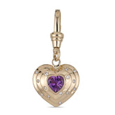 14k Yellow Gold, Natural Vibrant Amethyst and Diamond Heart Charm with Vintage-Inspired Dog Clip 