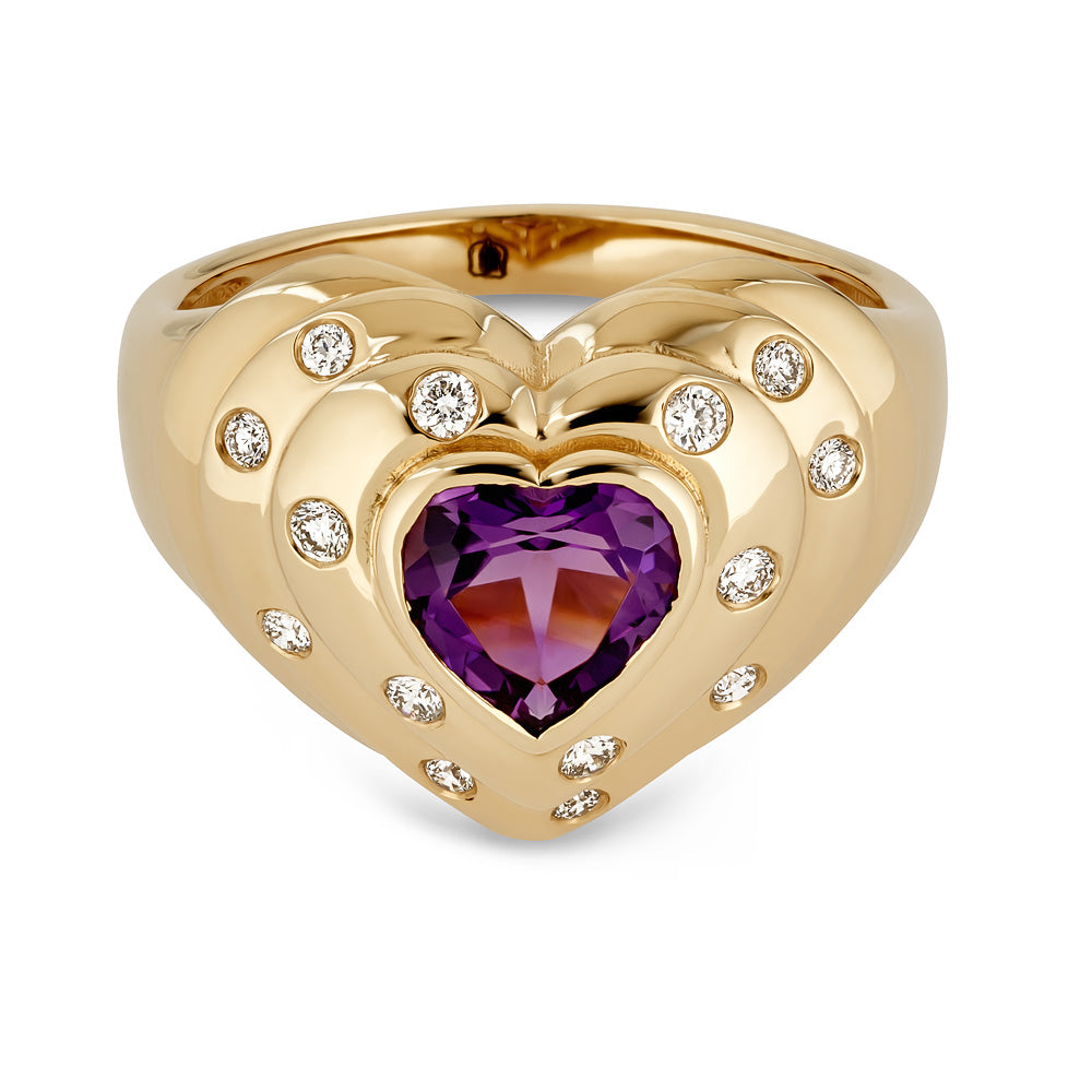14k Yellow Gold Amethyst and Diamond Heart Ring