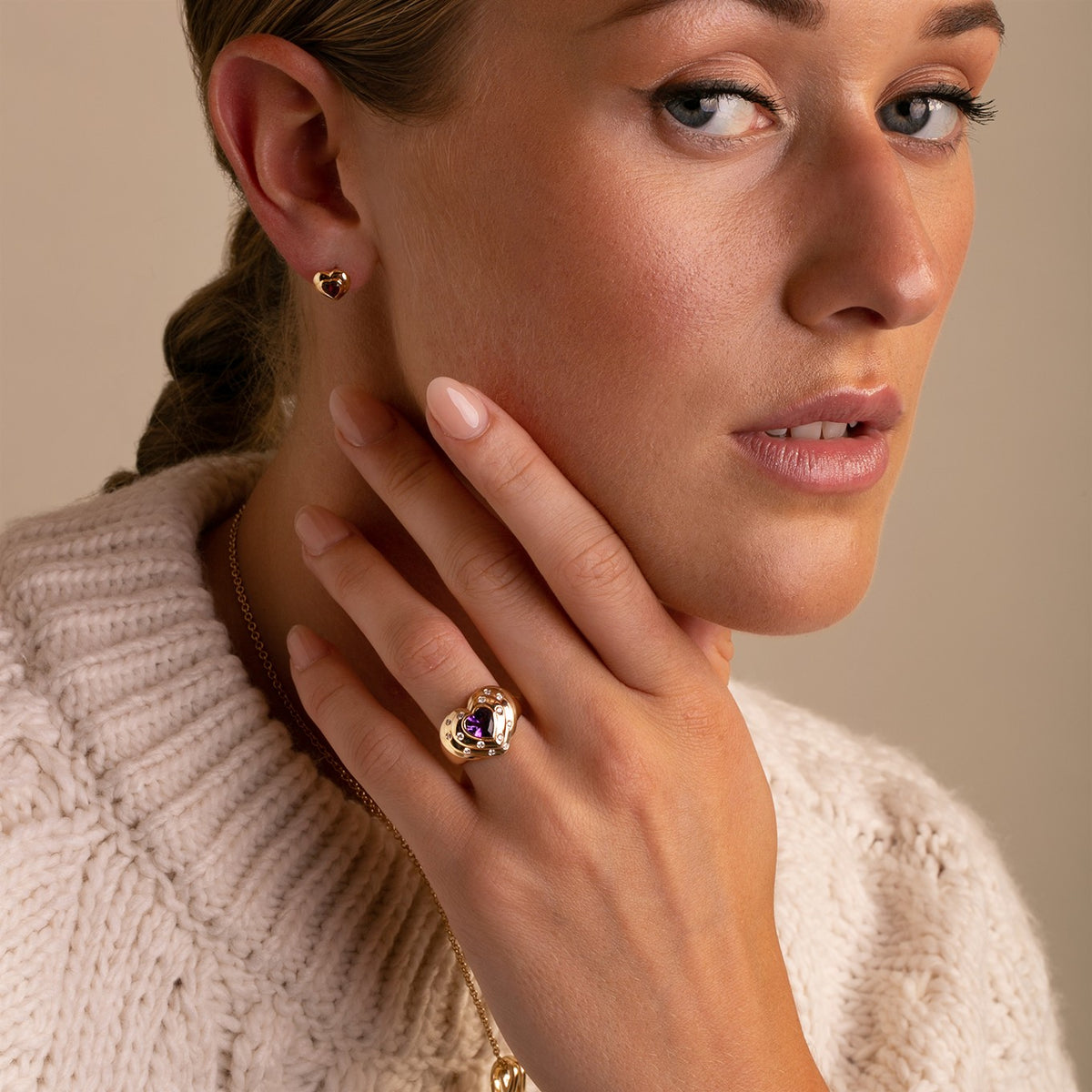 14k Yellow Gold Amethyst and Diamond Heart Ring close up on model styled with  Yellow Gold Pink Tourmaline Heart Earrings