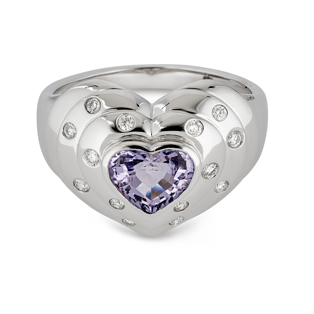 14k White Gold G.IA Certified Natural Lavender Spinel and Diamond Heart Ring