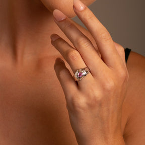 14k White Gold Natural Pink Sapphire and Diamond Heart Ring on model