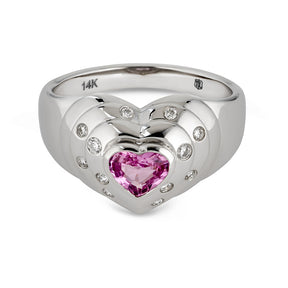 14k White Gold Natural Pink Sapphire and Diamond Heart Ring