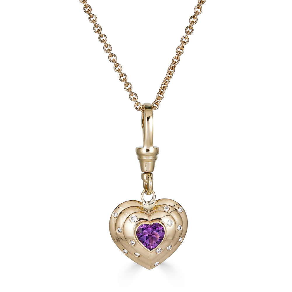14k Yellow Gold, Natural Vibrant Amethyst and Diamond Heart Charm with Vintage-Inspired Dog Clip  on chain