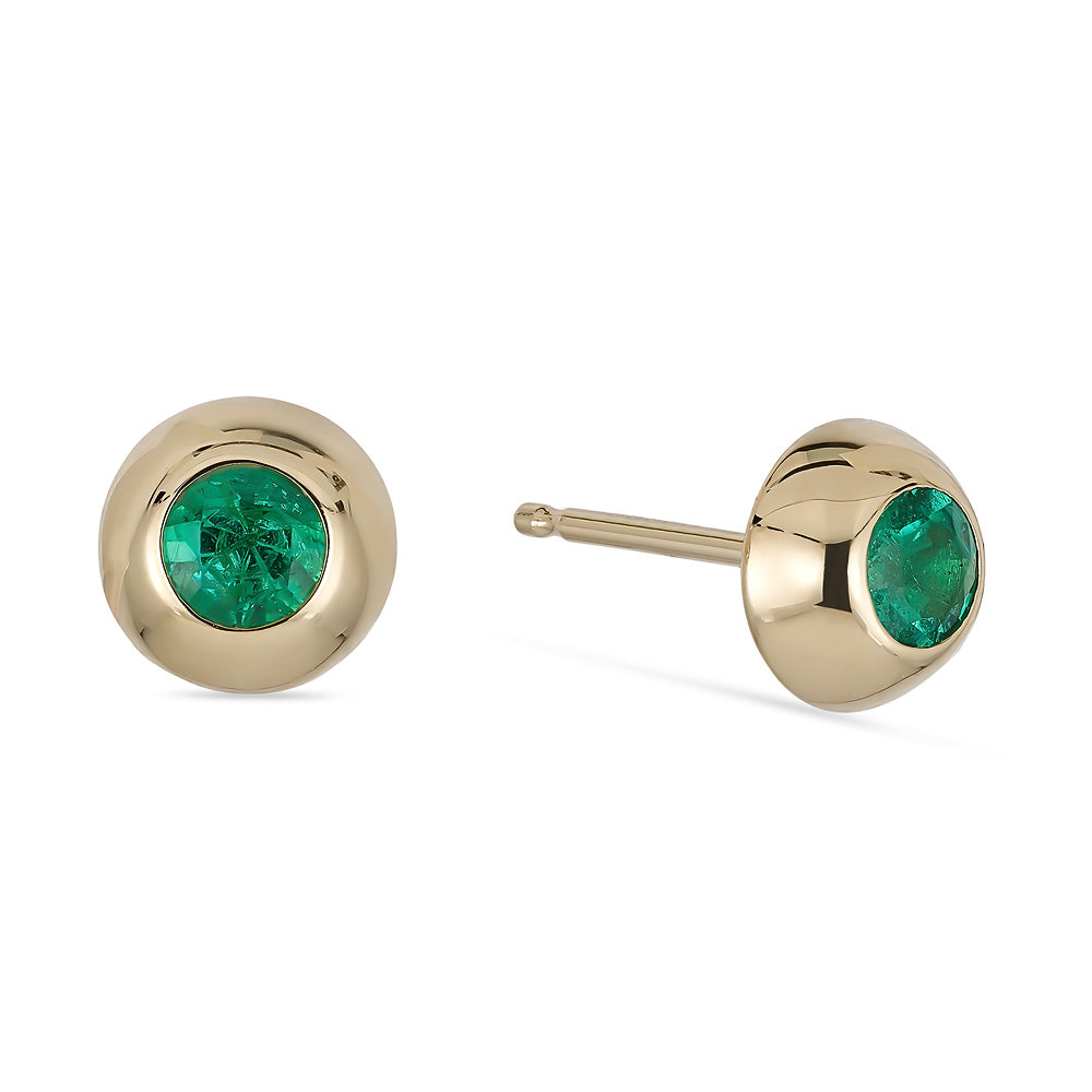 14K Yellow Gold Domed Bezel Set Emerald Stud Earrings
