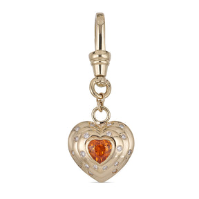 14k Yellow Gold Orange Spessartite Garnet Diamond Heart Charm with Vintage-Inspired Dog Clip