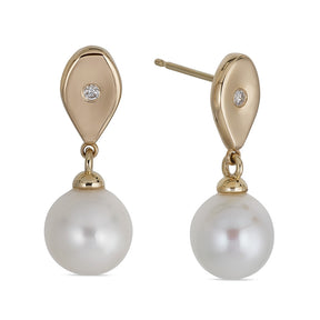 14k Yellow Gold Teardrop Diamond and Pearl Drop Earrings