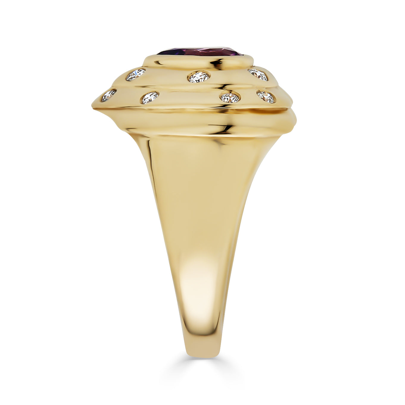 Side profile of 14k Yellow Gold Amethyst and Diamond Heart Ring