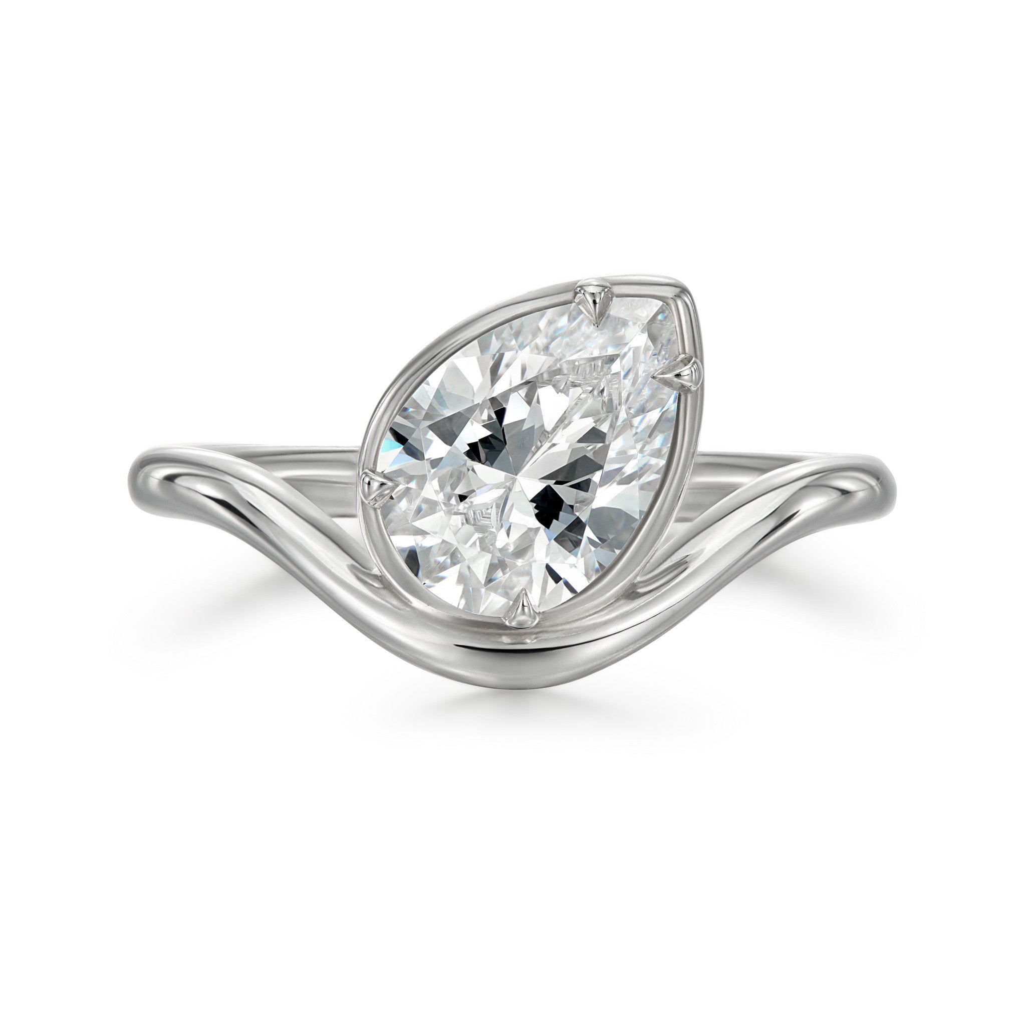Wave pear solitaire engagement ring in 18k white gold with 1.80 ct pear diamond and hybrid bezel–claw setting. Made to order