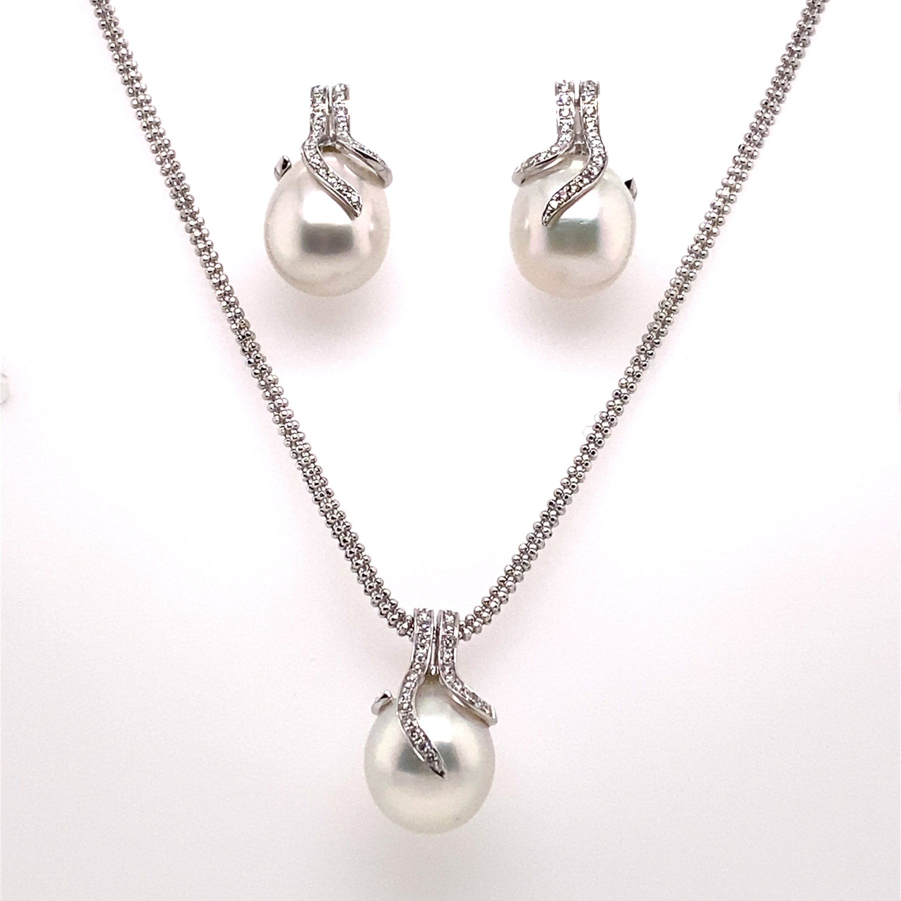 Oscar Collection 11-13mm White South Sea Pearl And Diamond Pendant and Matching Earrings