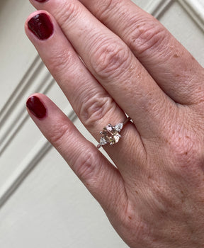 GIA Certified 14KT White Gold Three Stone Morganite Ring on Model Hand