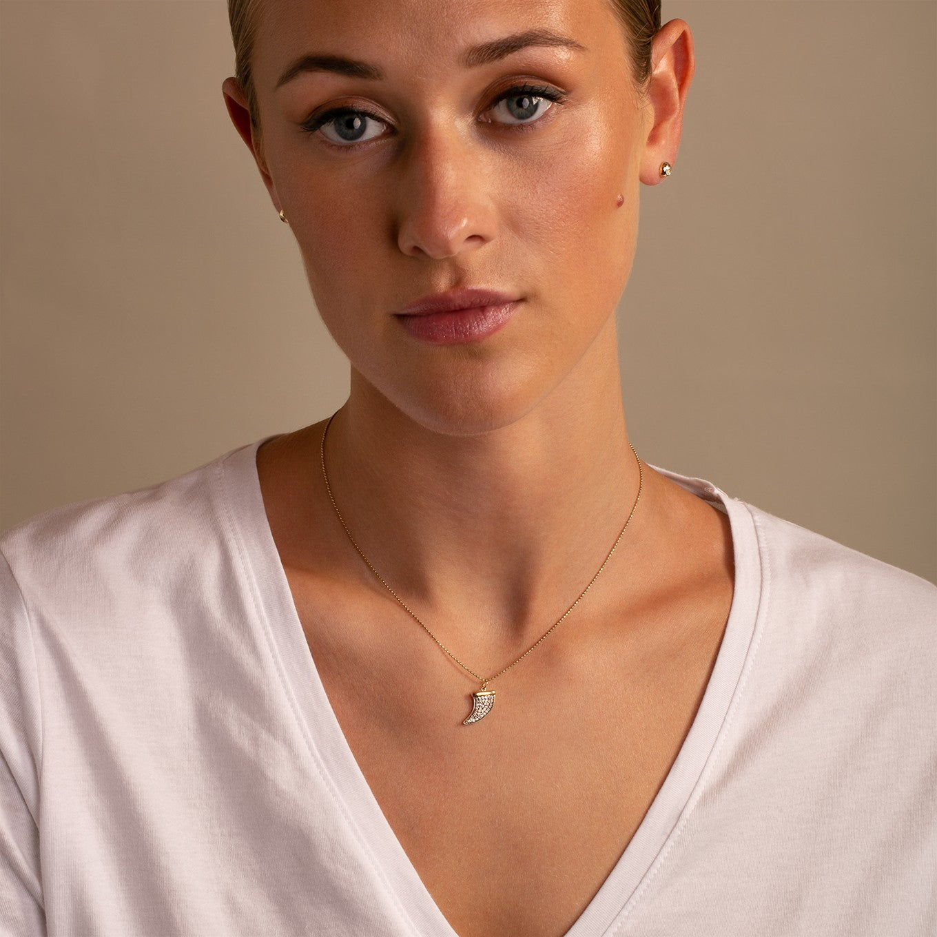 Sydney Evan Medium Yellow Gold and Champagne Diamond Horn Necklace on model -sold By Thomas Laine Jewellery 