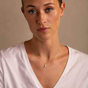 Sydney Evan Medium Yellow Gold and Champagne Diamond Horn Necklace on model -sold By Thomas Laine Jewellery 