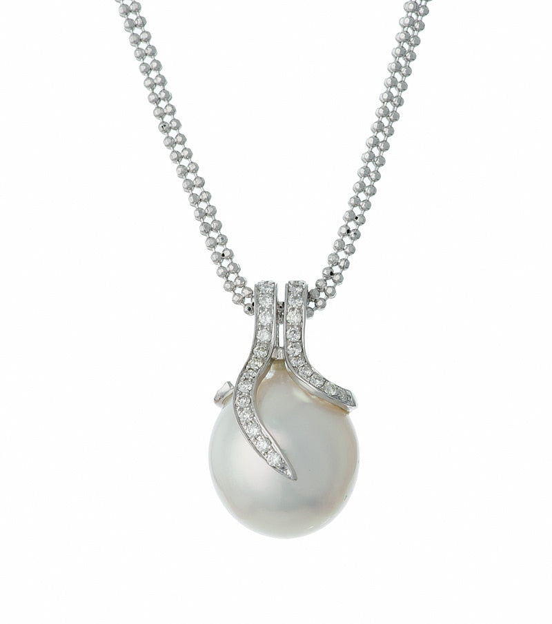 14K White Gold Oscar Collection South Sea  Pearl and Diamond Set - Pendant Detailed view