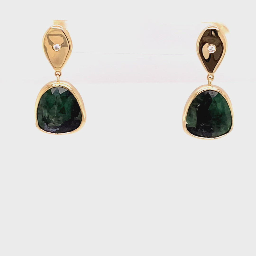 Video One of a Kind 14K Yellow Gold and Diamond Teardrop with Natural Emerald Slice Drop Earrings