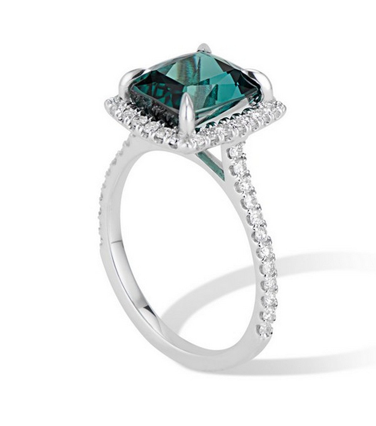 14 Karat Green Cushion Cut Tourmaline Diamond Halo Ring