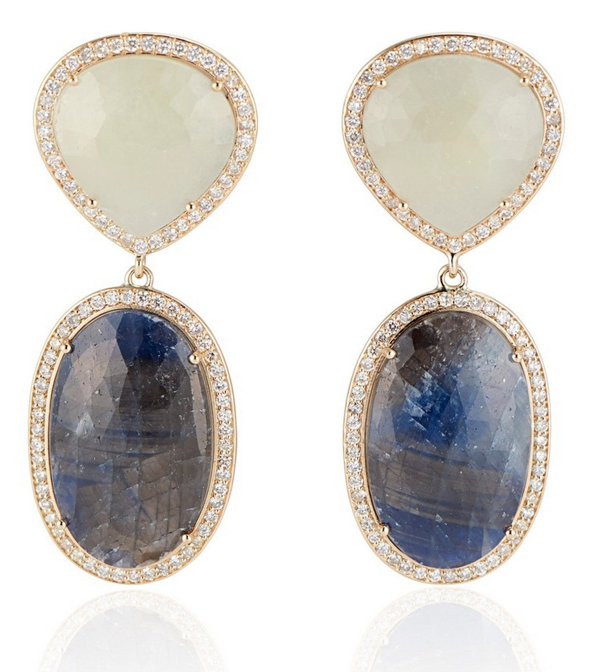 14k Yellow Gold Blue Sapphire Oval Shaped Slice and Cream Sapphire Slice with Diamond Halo Earrings