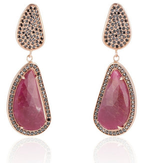 14k Rose Gold Ruby Slice and Black Diamond Drop Earrings- Thomas Laine Jewelry