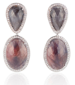 14k White  Gold  Sapphire earrings - each earring features a pear-shaped and an oval-shaped sapphire slice in a diamond halo Thomas Laine Jewelry