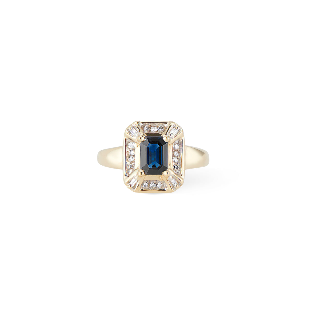 Vintage 14K Yellow Gold Diamond and Emerald Cut sapphire Dress ring
