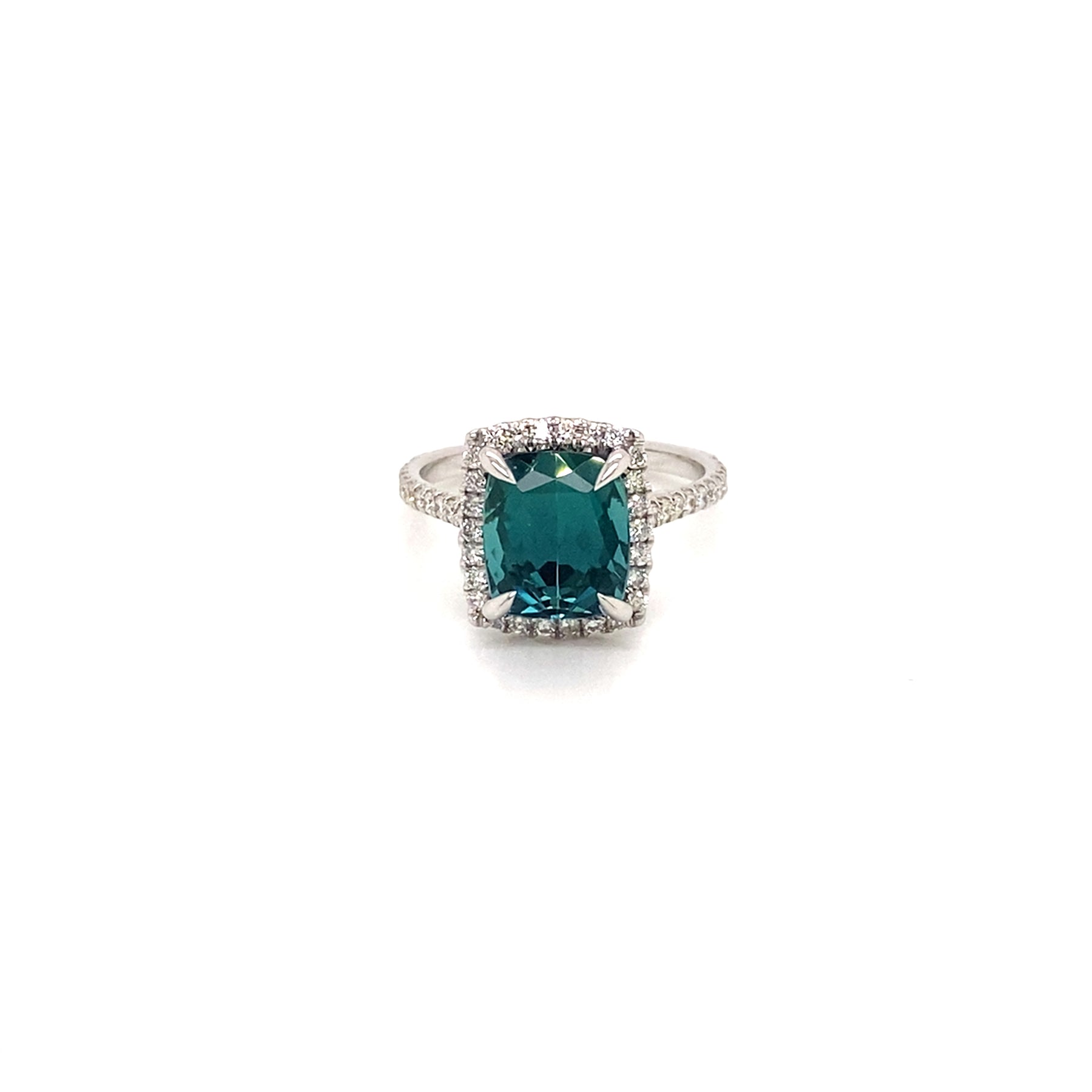 14k White Gold Green Cushion Cut Tourmaline in a diamond halo and accented band