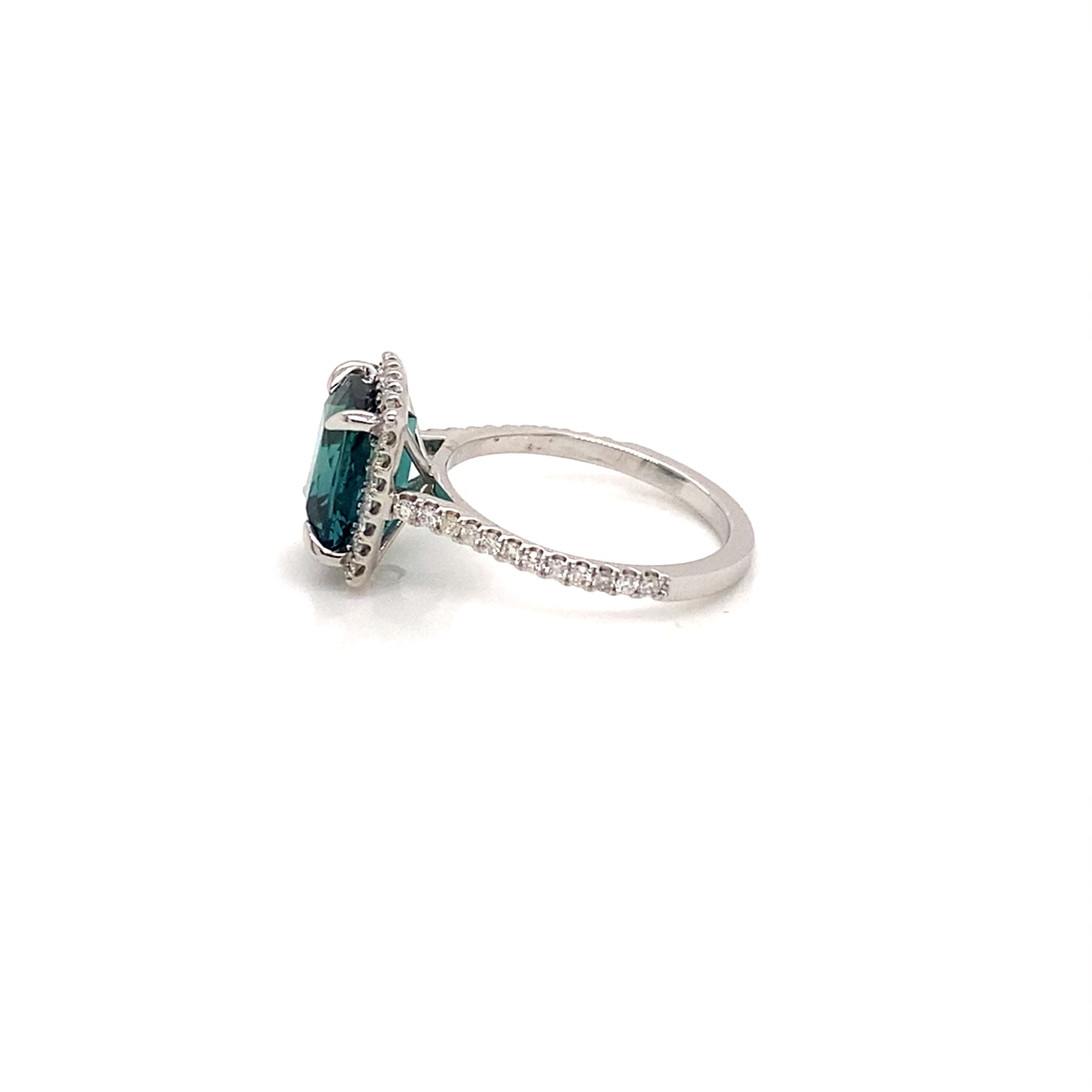 Side Profile -14k White Gold Green Cushion Cut Tourmaline in a diamond halo and accented band