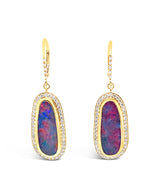 Hand Selected Pair of Boulder Opals that are rich with color, flash & light-   their vivid  red and blue color play dancing in a halo of scintillating diamonds.