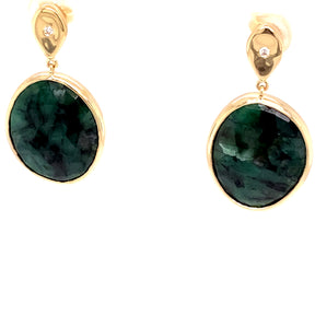 Eye Catching One of A Kind 14K Yellow Gold and Diamond Teardrop Oval Emerald Slice Earrings