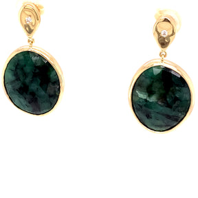 Alternate view of One of A Kind 14K Yellow Gold and Diamond Teardrop Oval Emerald Slice Earrings