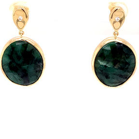 One of A Kind 14K Yellow Gold and Diamond Teardrop Oval Emerald Slice Earrings - Thomas Laine Jewelry