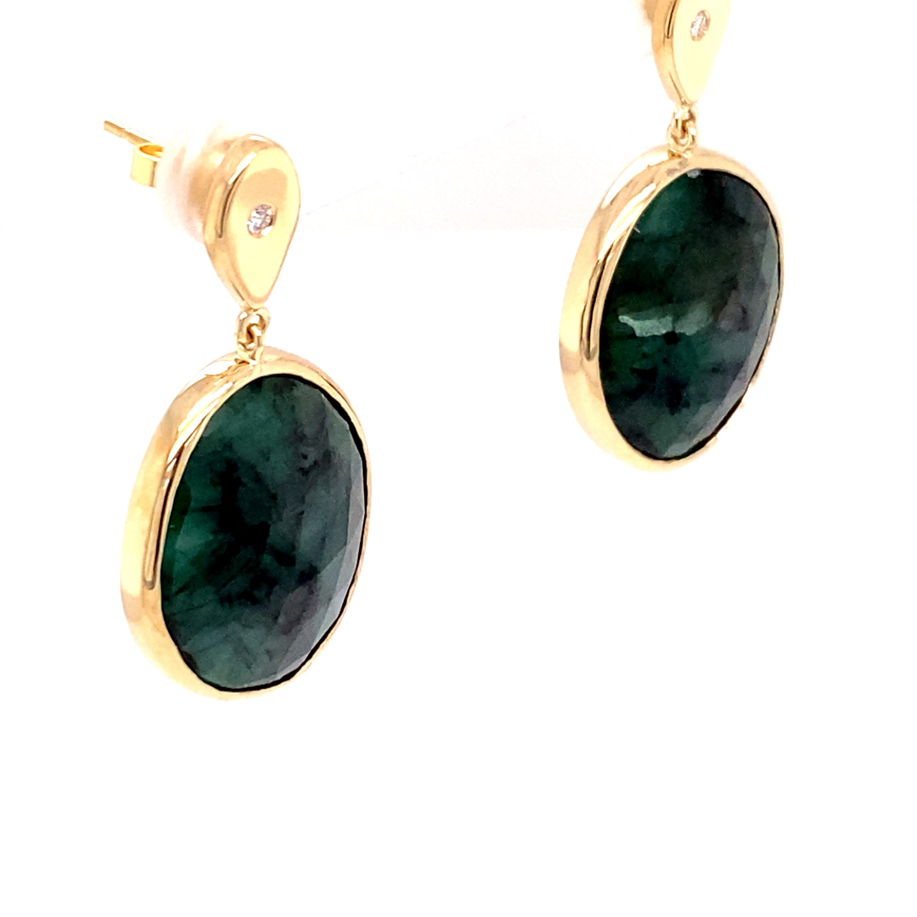 Side profile One of A Kind 14K Yellow Gold and Diamond Teardrop Oval Emerald Slice Earrings 