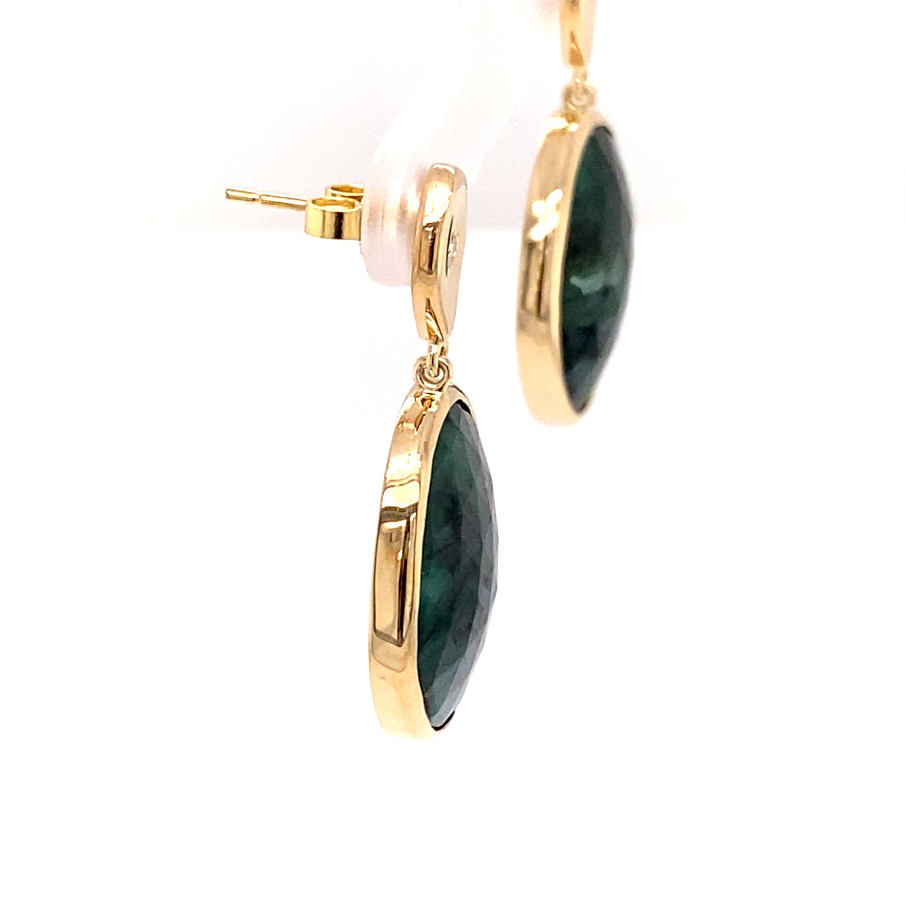 Side profile - One of A Kind 14K Yellow Gold and Diamond Teardrop Oval Emerald Slice Earrings