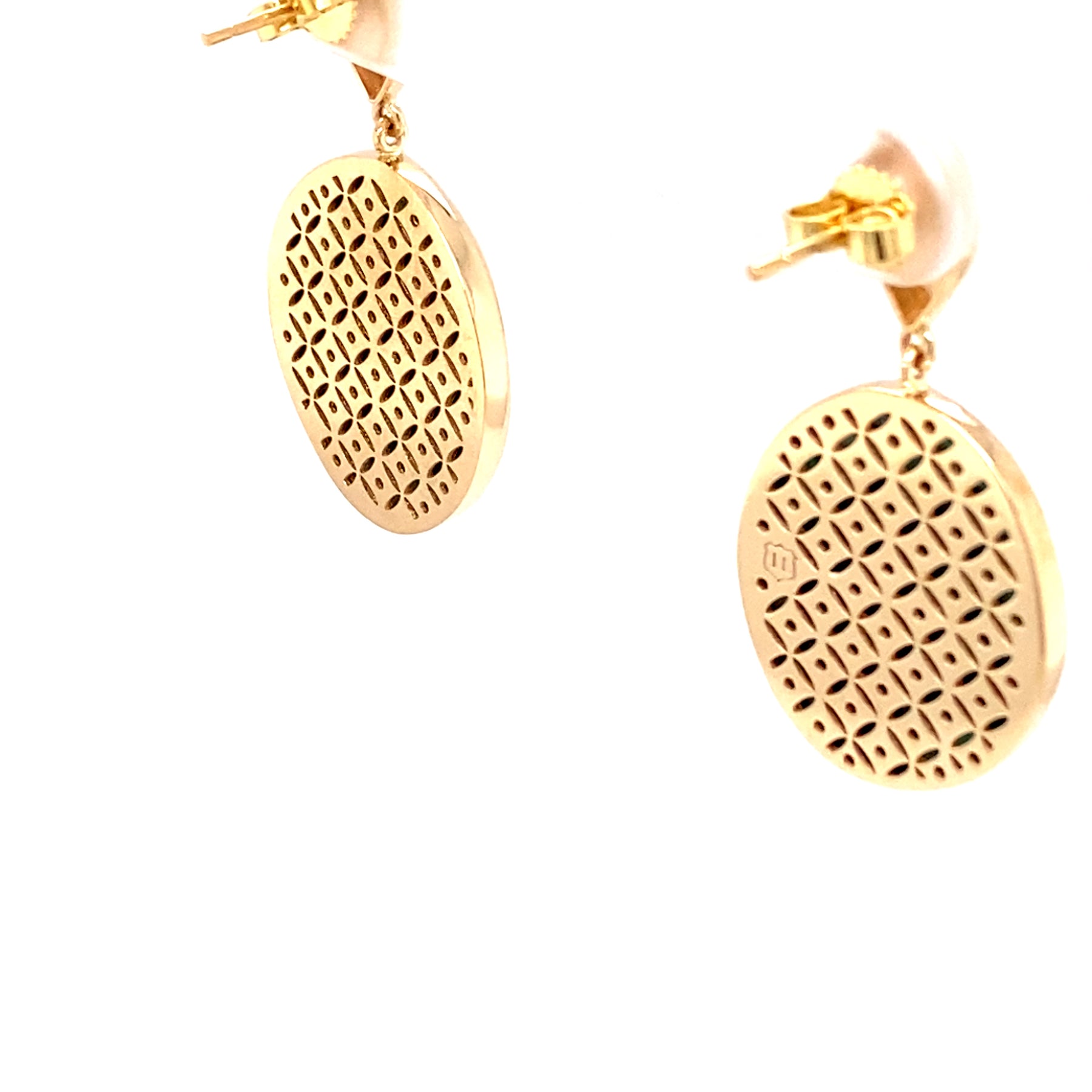 Detailed Gold Lattice back of One of A Kind 14K Yellow Gold and Diamond Teardrop Oval Emerald Slice Earrings