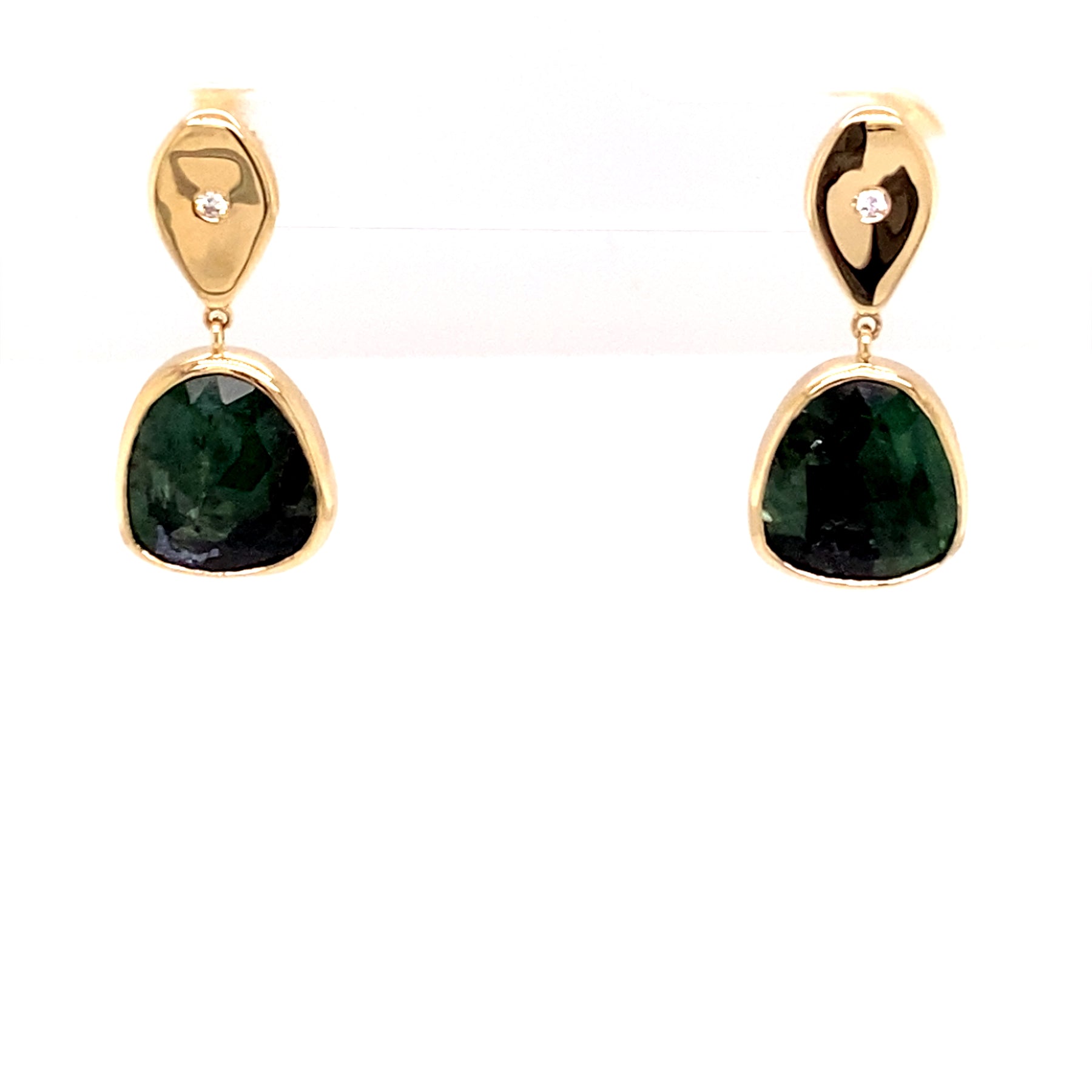 One of a Kind 14K Yellow Gold Teardrop with Natural Emerald Slice Drop Earrings