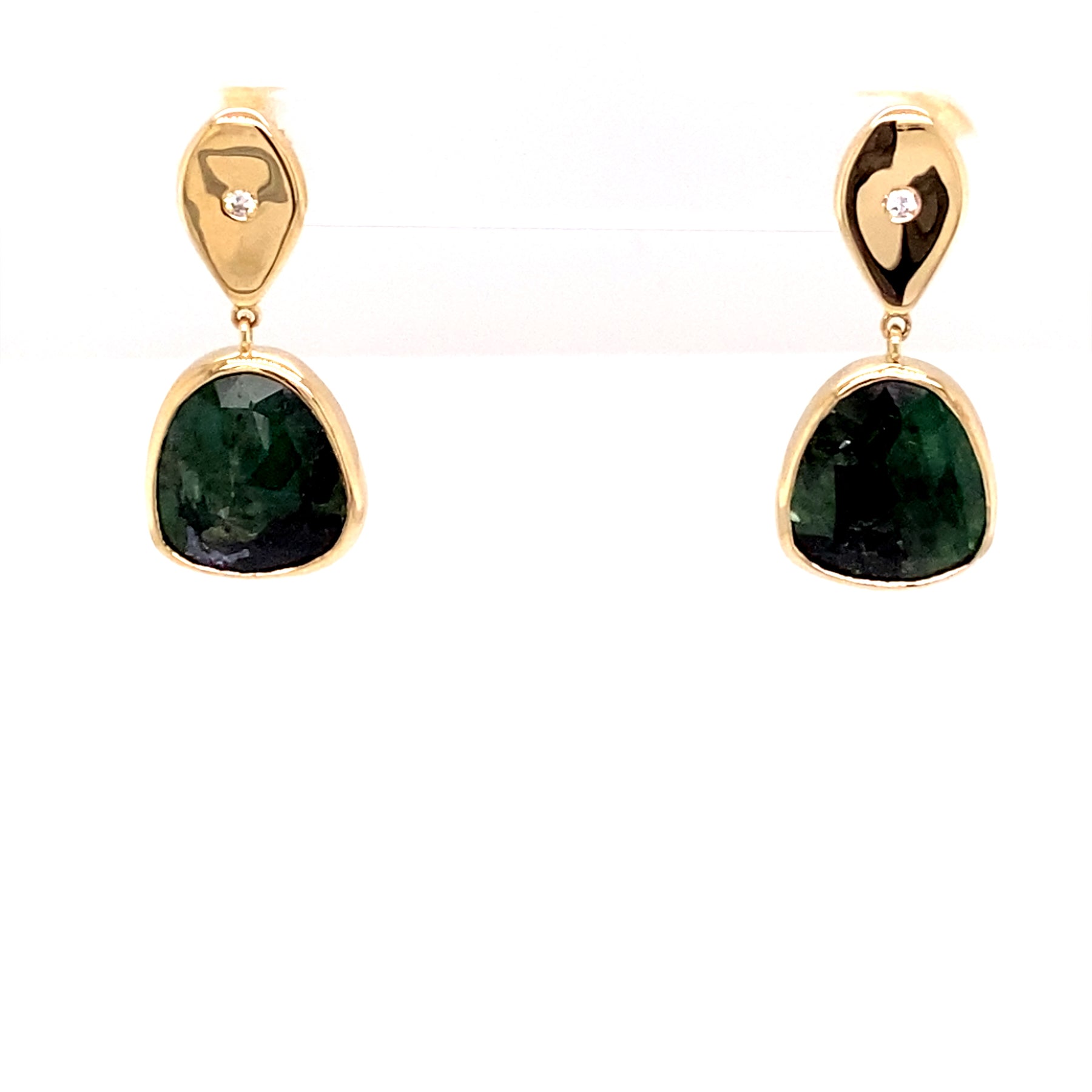 One of a Kind 14K Yellow Gold Teardrop with Natural Emerald Slice Drop Earrings
