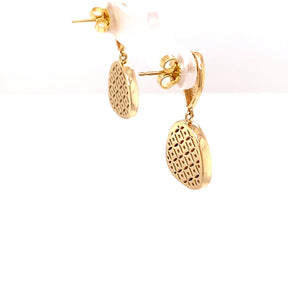 Side Profile - lattice gold back detail One of a Kind 14K Yellow Gold and Diamond Teardrop with Natural Emerald Slice Drop Earrings