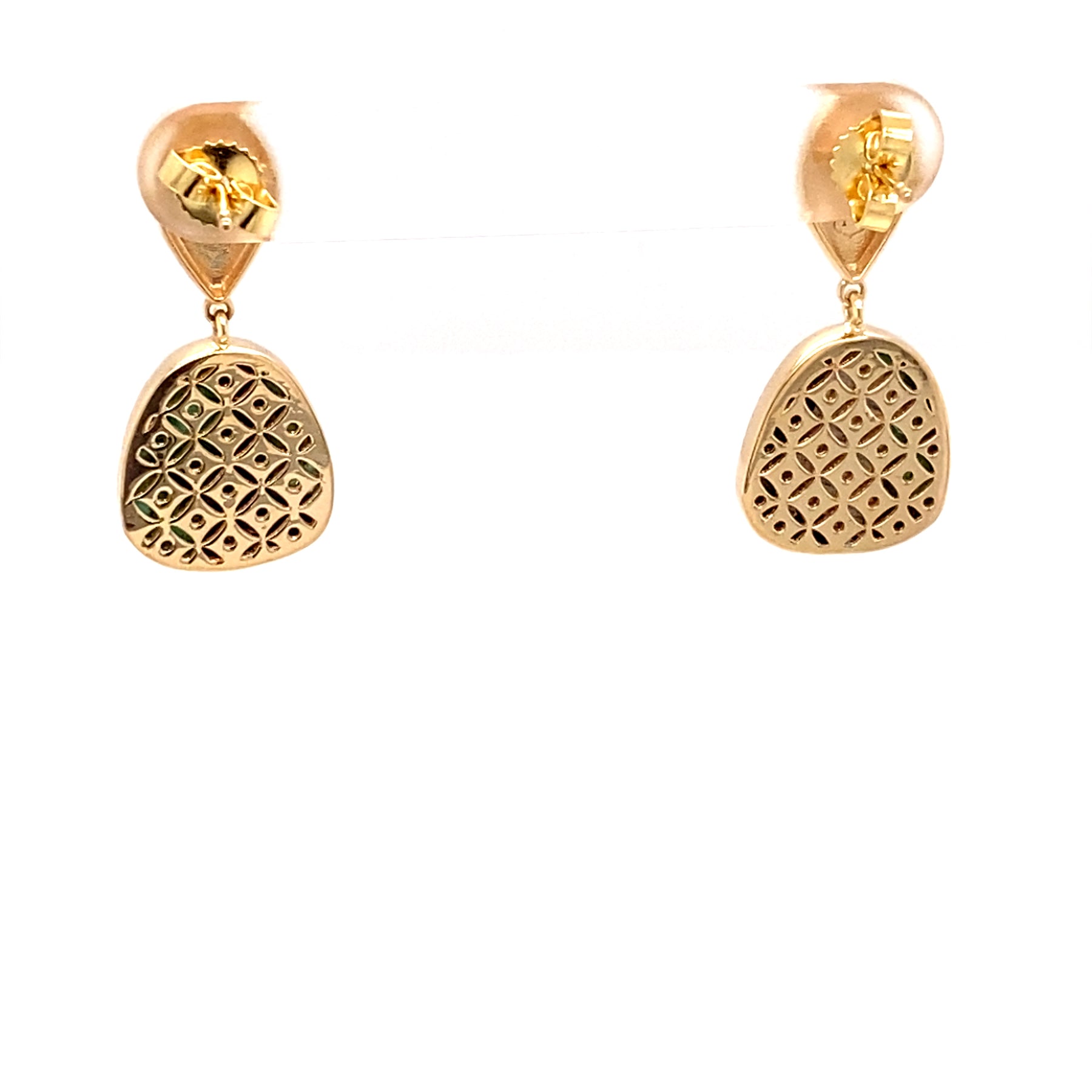 Lattice Gold back detail -One of a Kind 14K Yellow Gold and Diamond Teardrop with Natural Emerald Slice Drop Earrings