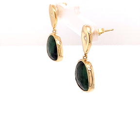 One of a Kind 14K Yellow Gold  and Diamond Teardrop with Natural Emerald Slice Drop Earrings  -part of our organic gemstone slice earring collection 