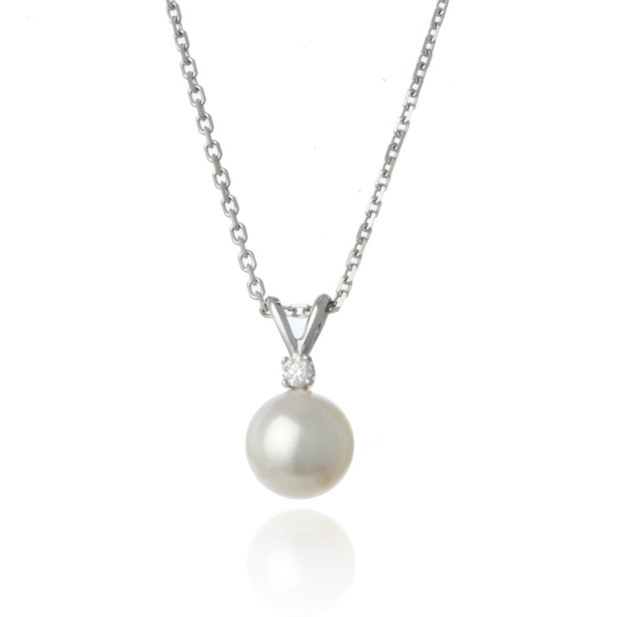 White Gold Diamond 8mm Pearl Pendant Necklace - Thomas Laine Jewelry