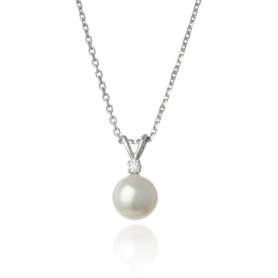 White Gold 7mm Freshwater Pearl and Diamond Set - Thomas Laine Jewelry