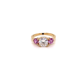 Three Stone Engagement Ring 14K Yellow Gold Cushion Cut Moissanite and Pink Sapphire Ring