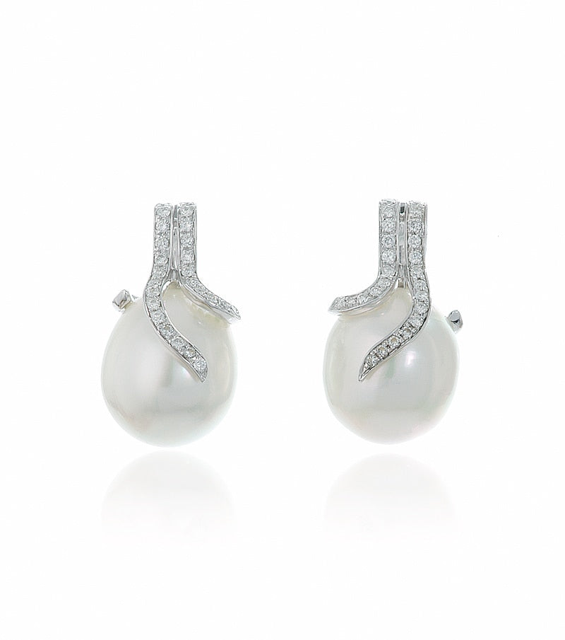 14K White Gold Oscar Collection South Sea  Pearl and Diamond Set - Earrings
